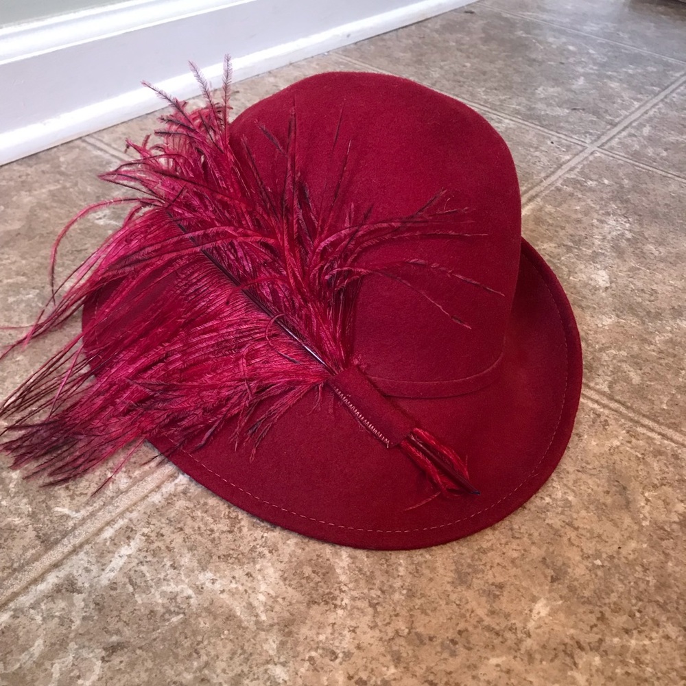 Vintage Doeskin red wool felt hat with feather